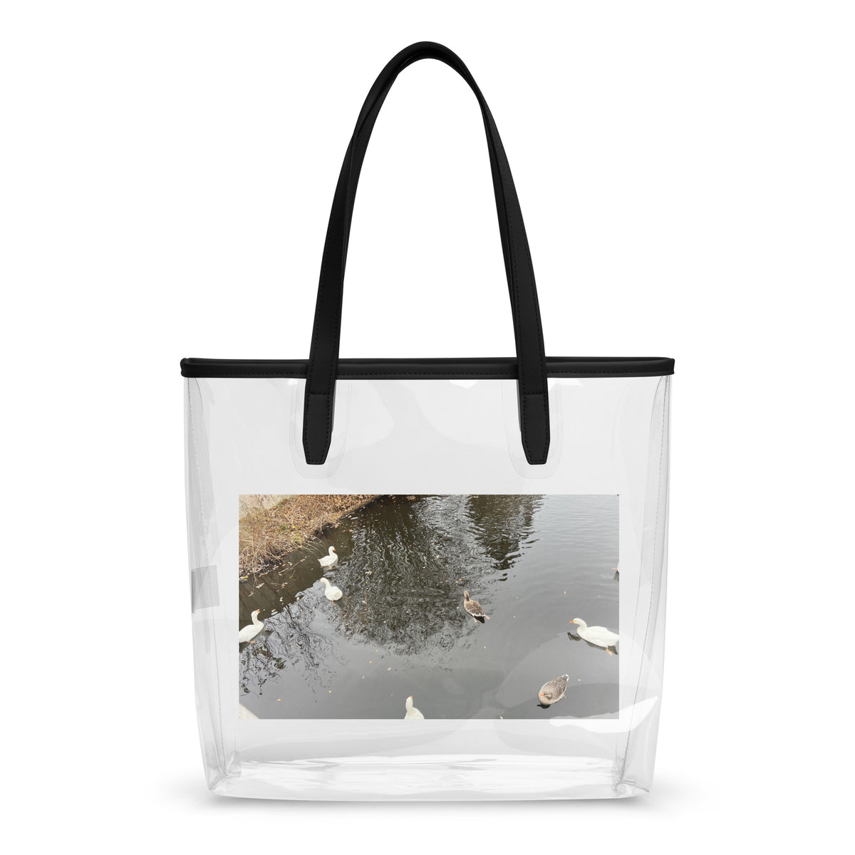 Doorzichtige draagtas Eindhoven | Clear stylish tote bag with scenic photo of ducks on water.