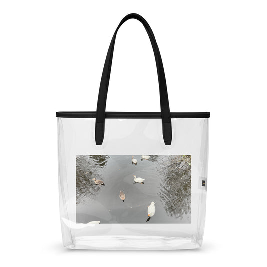 Doorzichtige draagtas Eindhoven | Clear stylish tote bag with scenic photo of ducks on water.