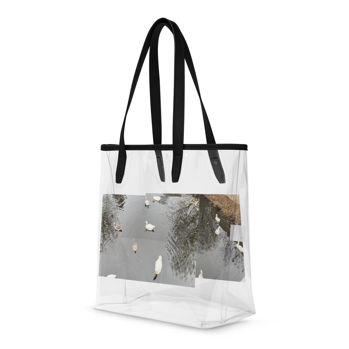 Doorzichtige draagtas Eindhoven | Clear stylish tote bag with scenic photo of ducks on water.
