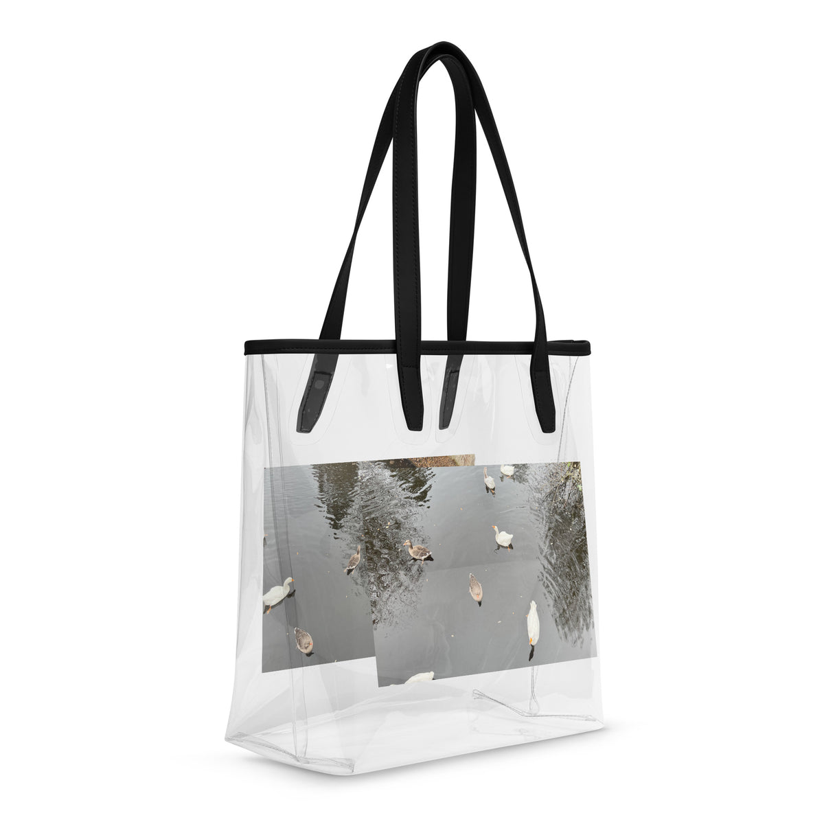 Doorzichtige draagtas Eindhoven | Clear stylish tote bag with scenic photo of ducks on water.