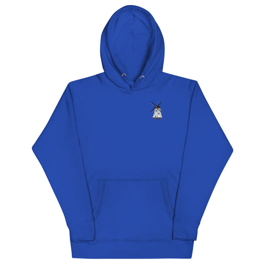 Windmill Hoodie in vibrant blue color with front pouch pocket and hooded design.