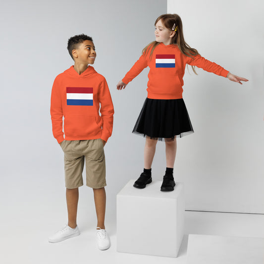 Two children wearing Koningsdag Oranje Hoodie Youth, featuring a Dutch flag design, celebrating in style.