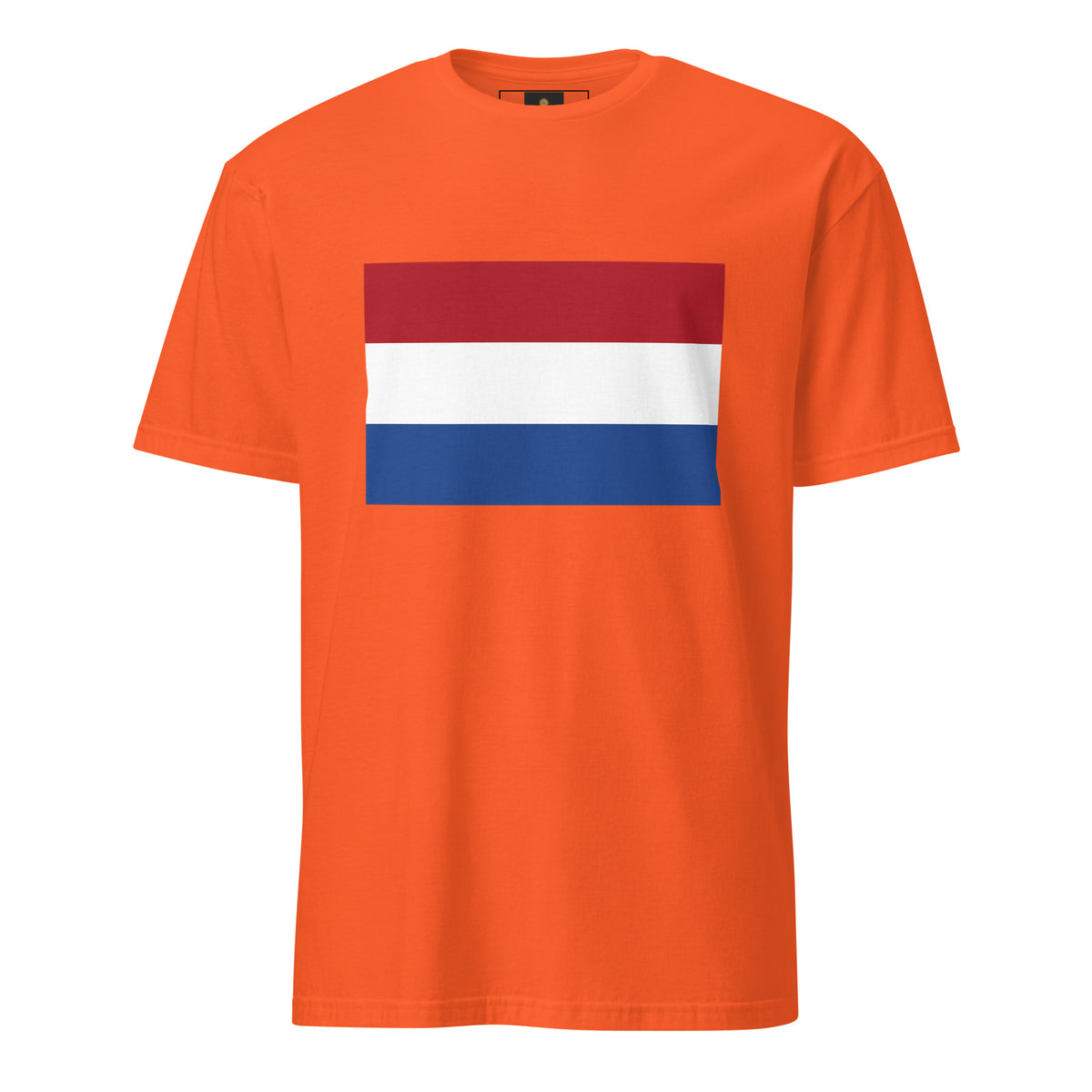Koningsdag orange T-shirt featuring the Dutch flag design on an orange background.