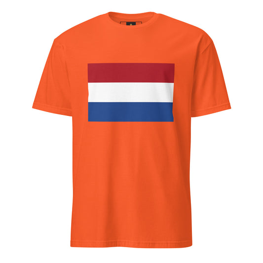 Koningsdag orange T-shirt featuring the Dutch flag design on an orange background.