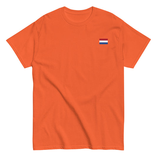 Koningsdag Oranje T-shirt in vibrant orange featuring small Netherlands flag design.