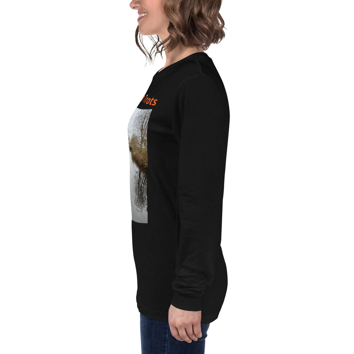Eindhoven Trots long sleeve t-shirt displayed from the side, showcasing a unique design with a photo of Eindhoven.
