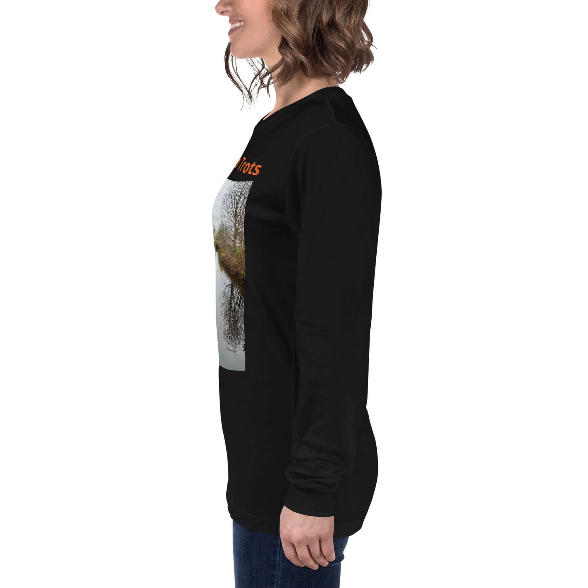 Eindhoven Trots long sleeve t-shirt displayed from the side, showcasing a unique design with a photo of Eindhoven.