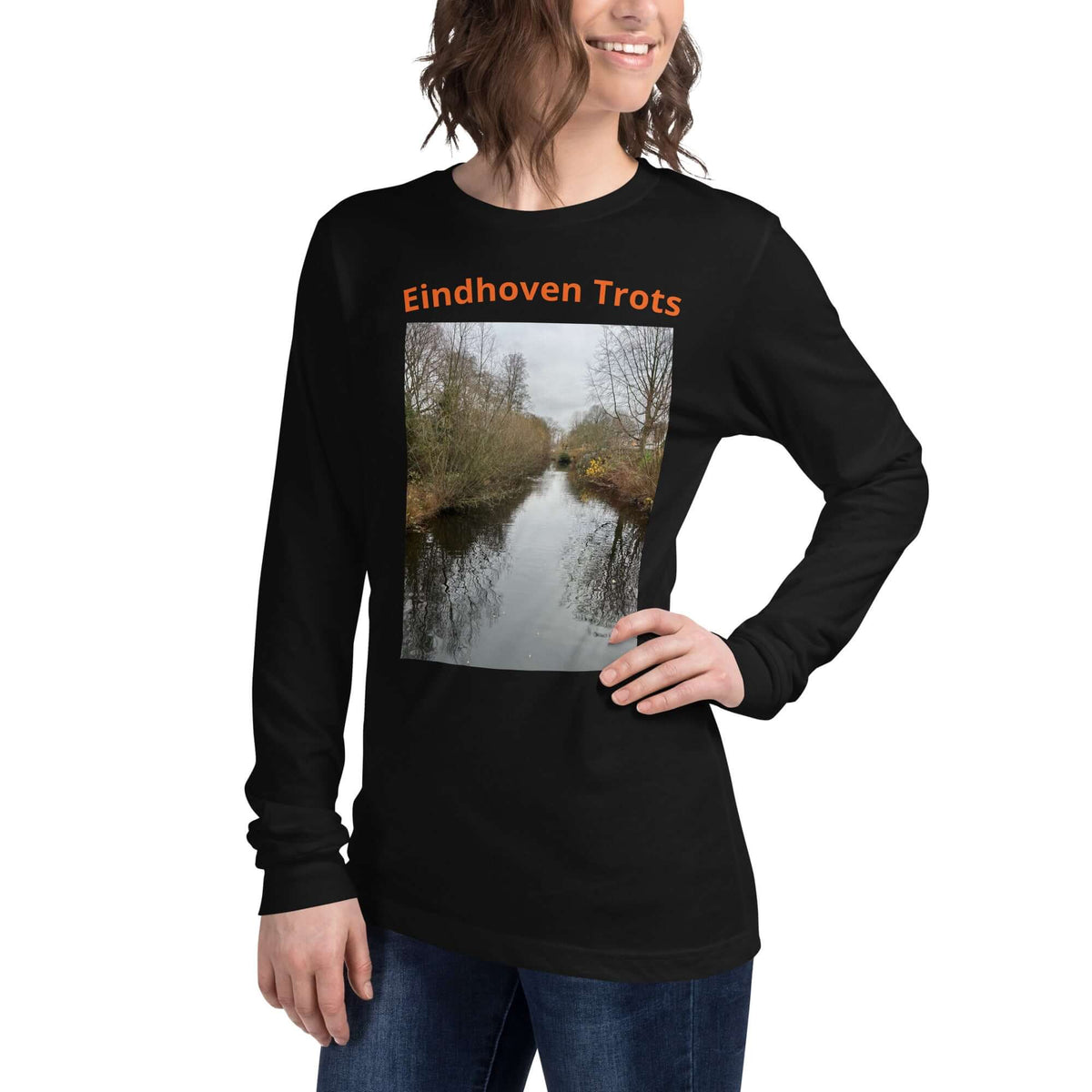 Eindhoven Trots long sleeve t-shirt featuring a photo of a serene canal in Eindhoven.