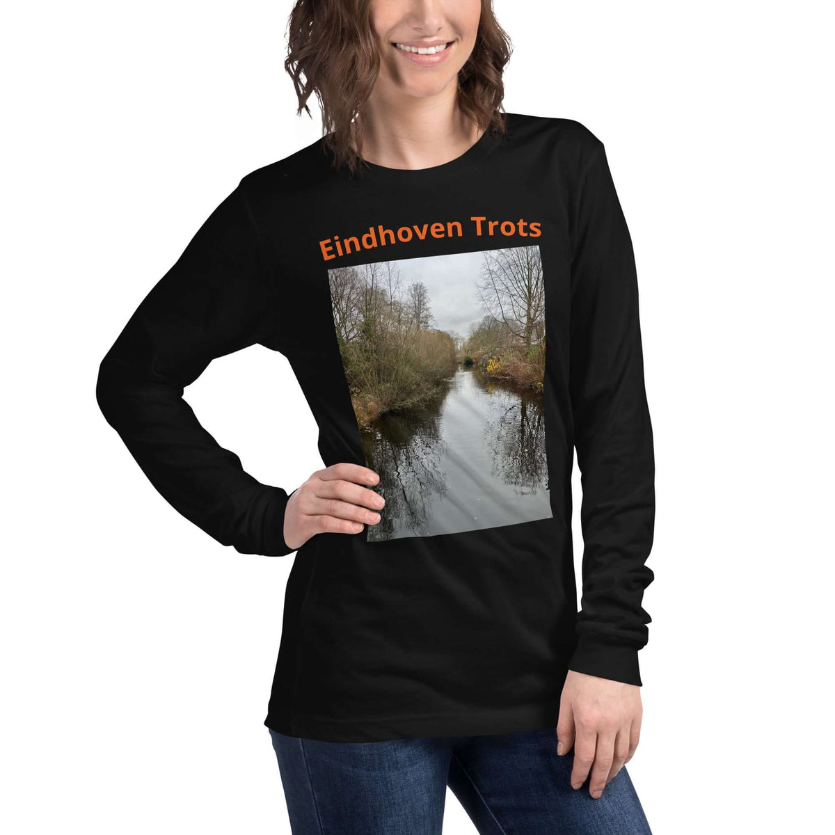 Eindhoven Trots long sleeve t-shirt featuring a scenic photo of Eindhoven's waterways.