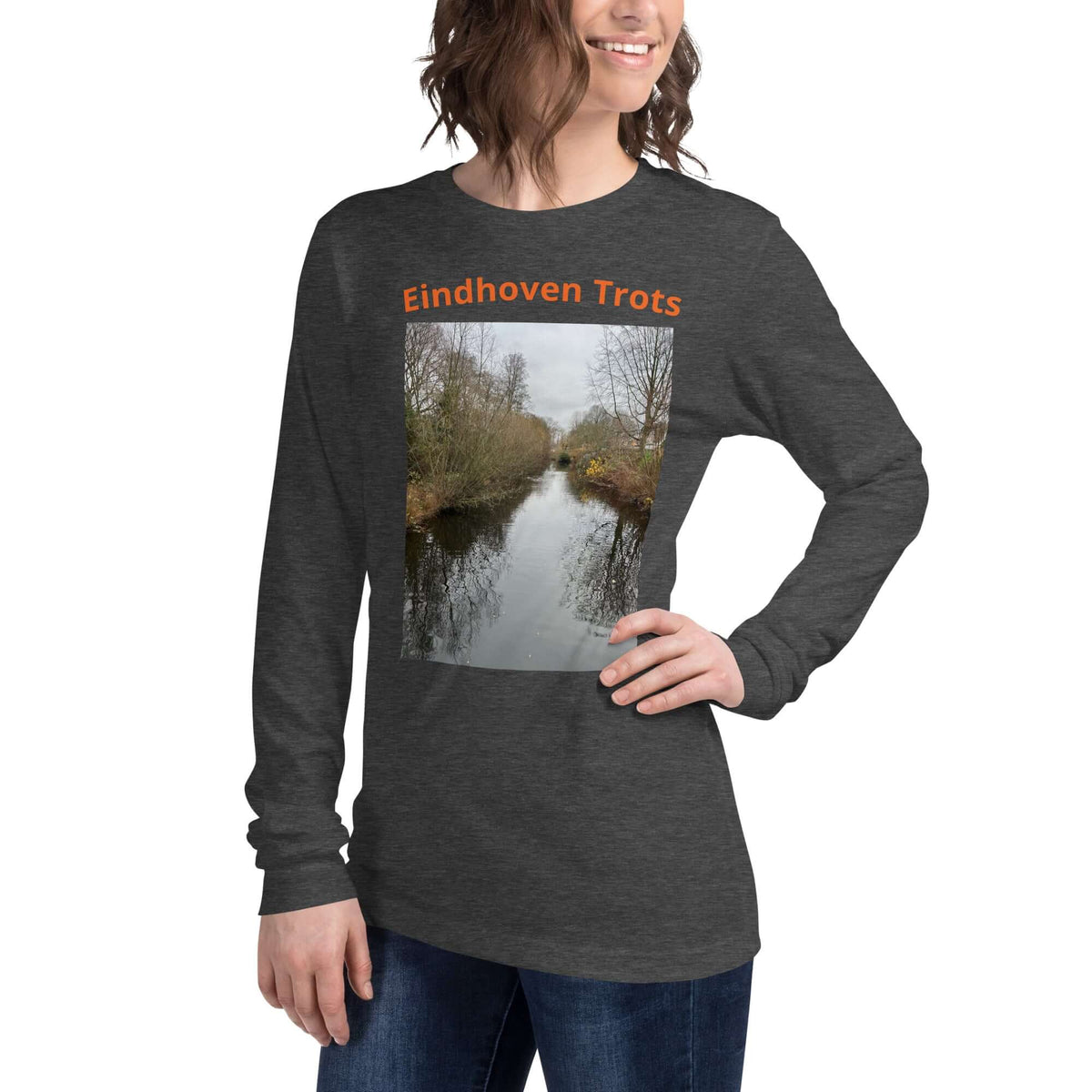 Eindhoven Trots long sleeve t-shirt displayed on a model showcasing its side view and design.
