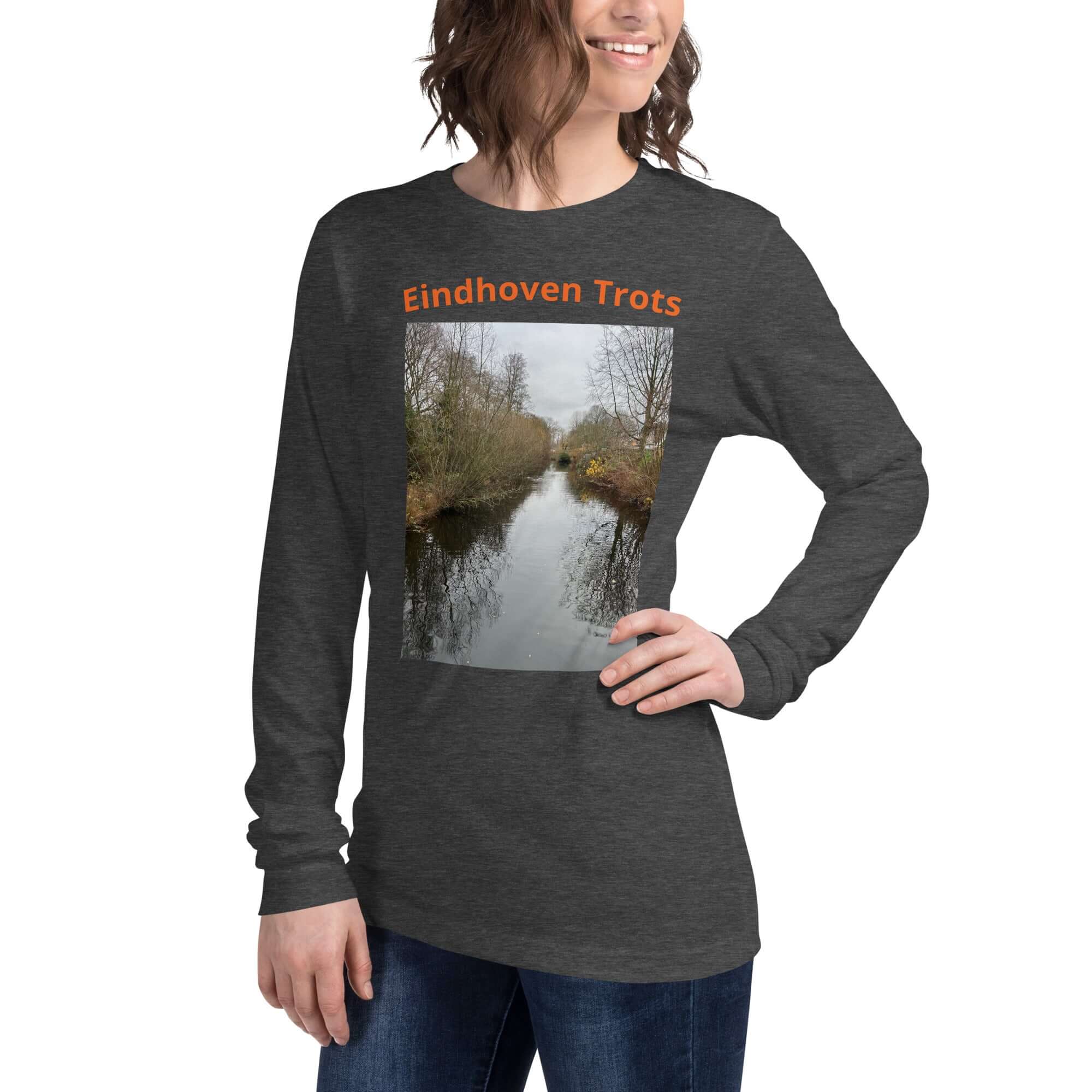 Eindhoven Trots long sleeve t-shirt displayed on a model showcasing its side view and design.