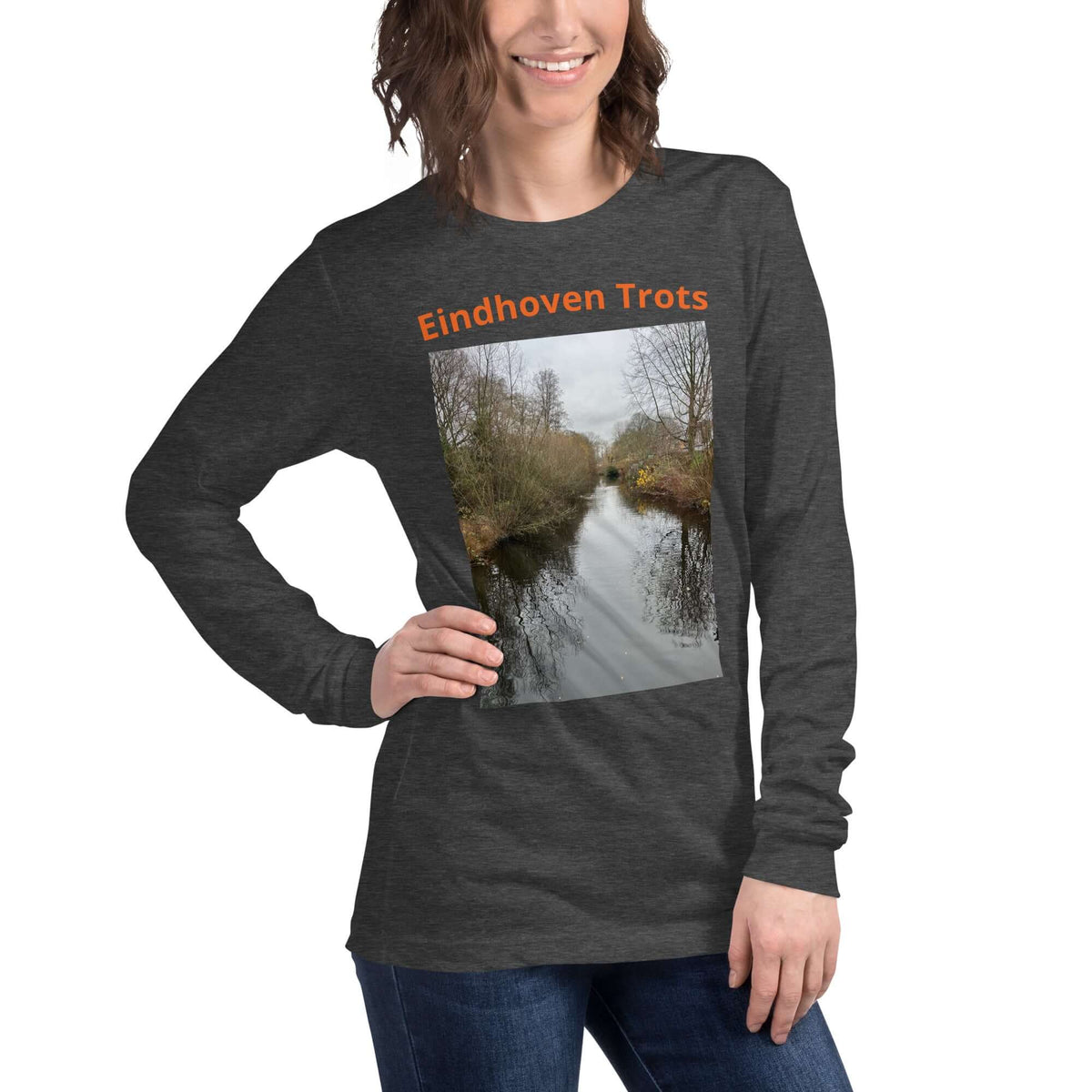 Eindhoven Trots long sleeve t-shirt displayed on a model showcasing its side view and design.