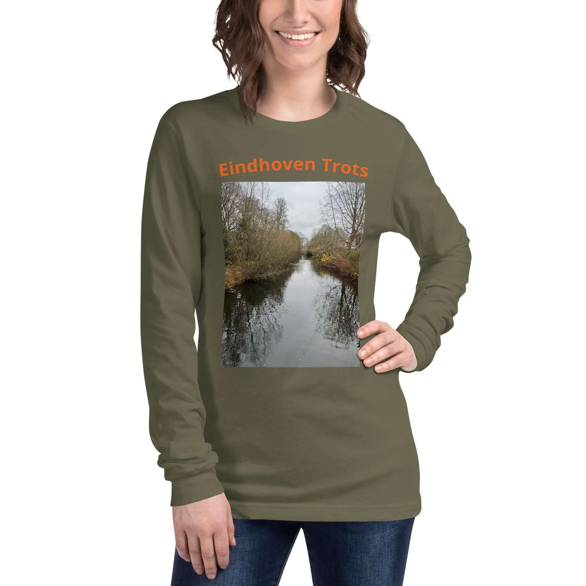 Eindhoven Trots long sleeve t-shirt displayed on a model showcasing its side view and design.