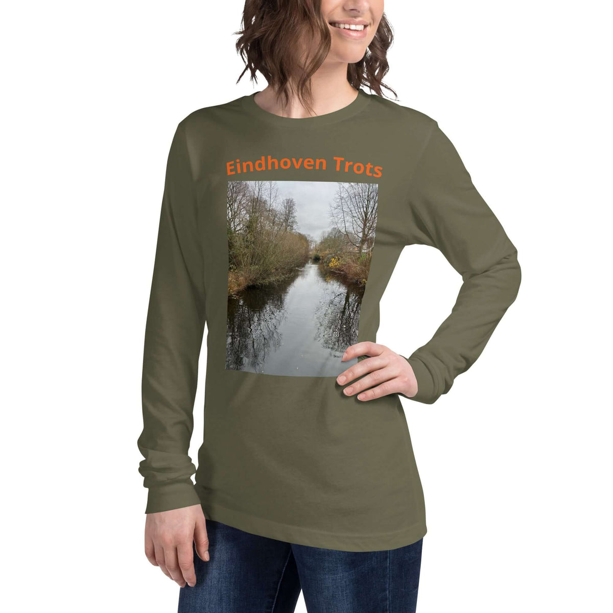 Eindhoven Trots long sleeve t-shirt featuring a photo of a canal in Eindhoven with natural light.