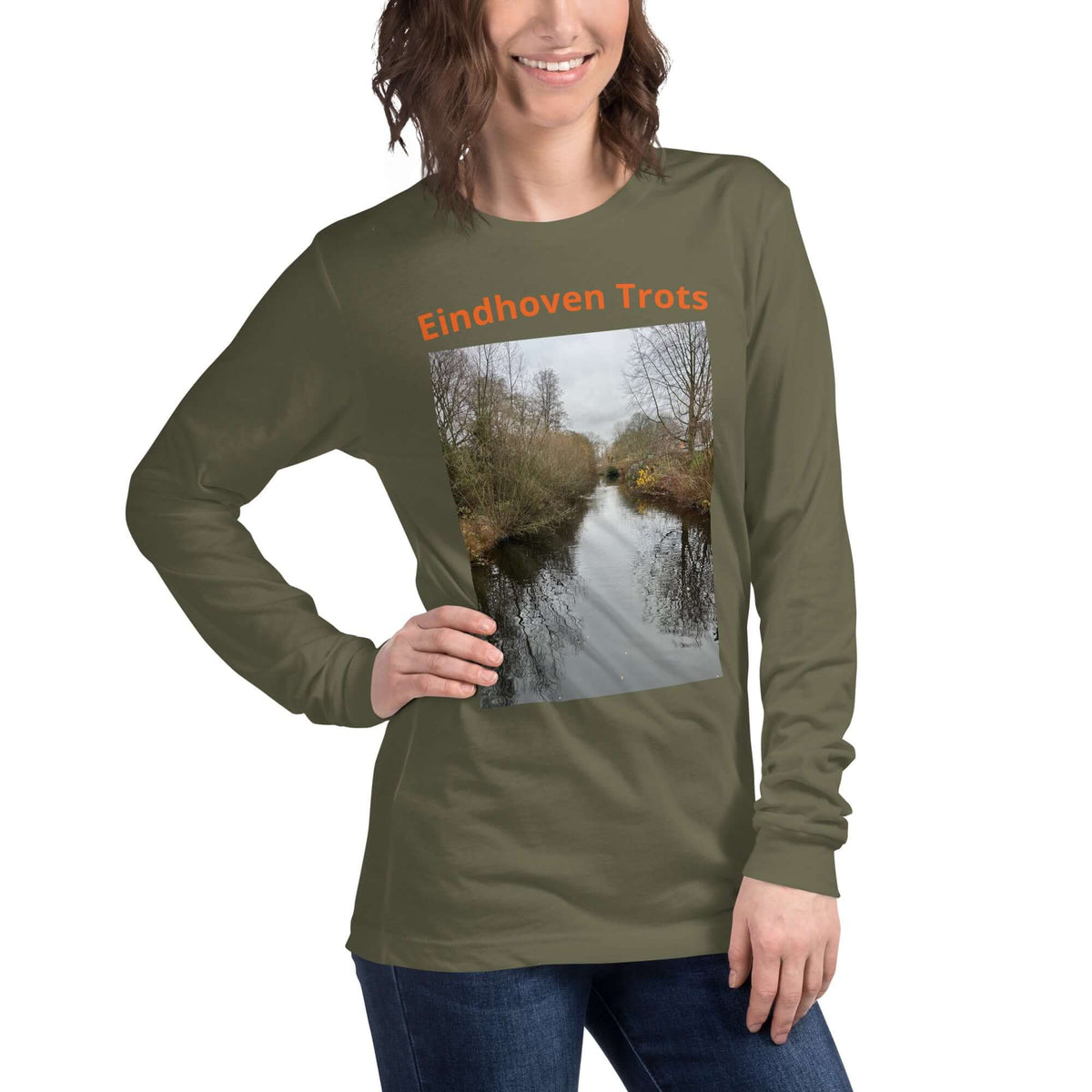 Eindhoven Trots long sleeve t-shirt featuring a photo of a canal in Eindhoven with natural light.