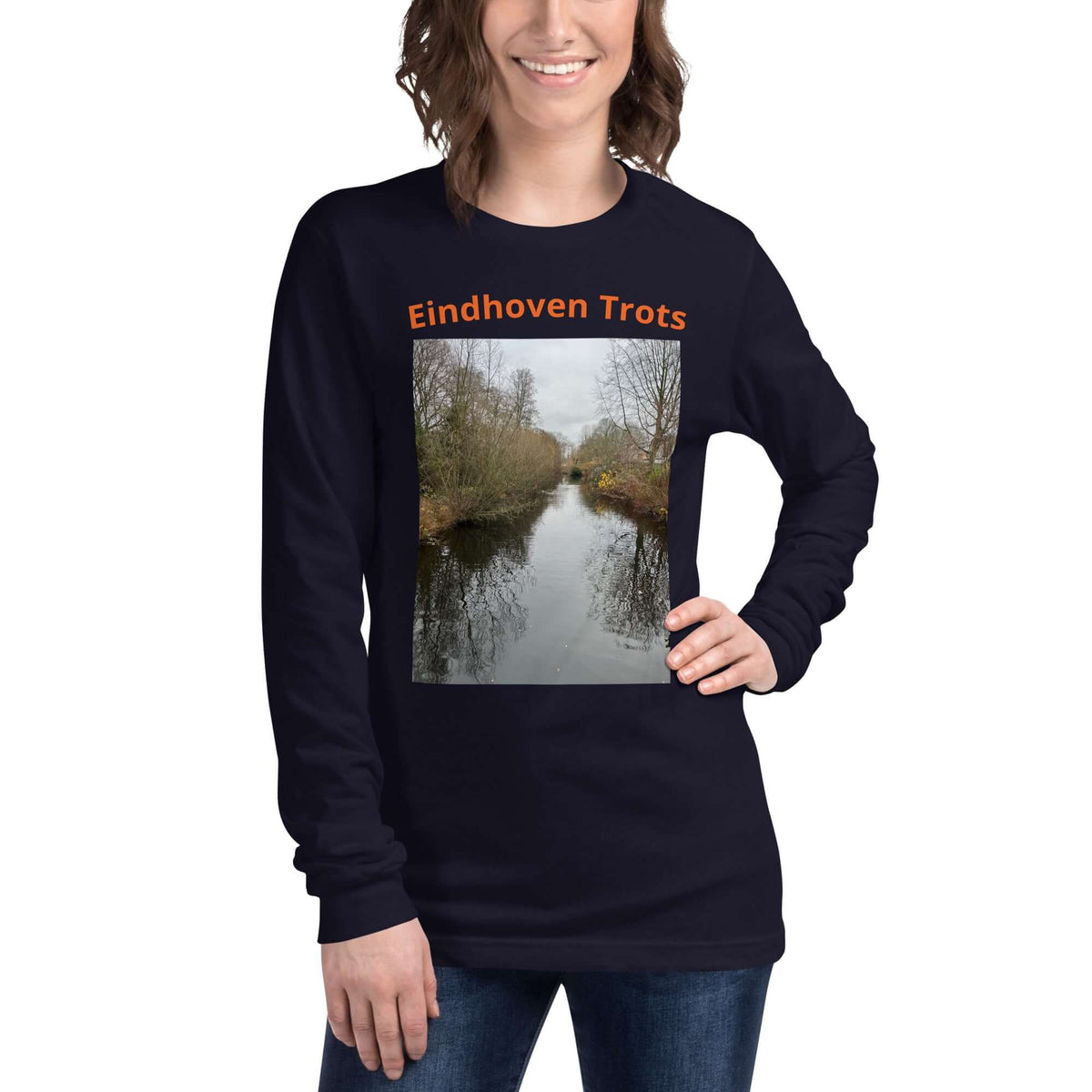 Eindhoven Trots long sleeve t-shirt featuring a photo of a canal in Eindhoven with natural light.