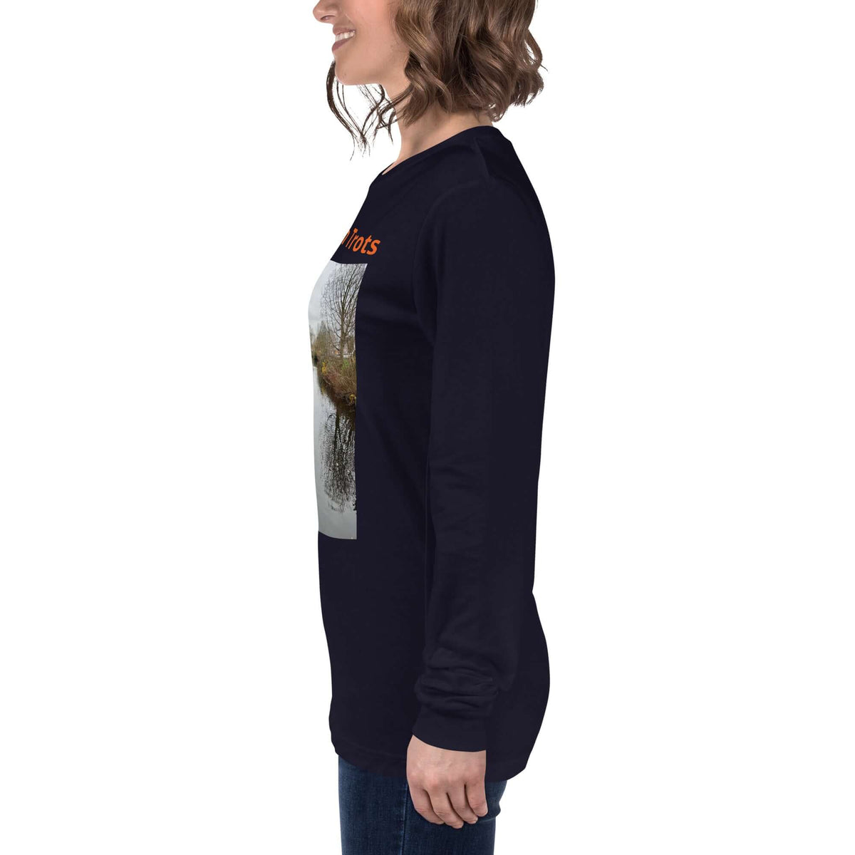 Eindhoven Trots long sleeve t-shirt displayed on a model from the side, showcasing its unique design and authentic feel.