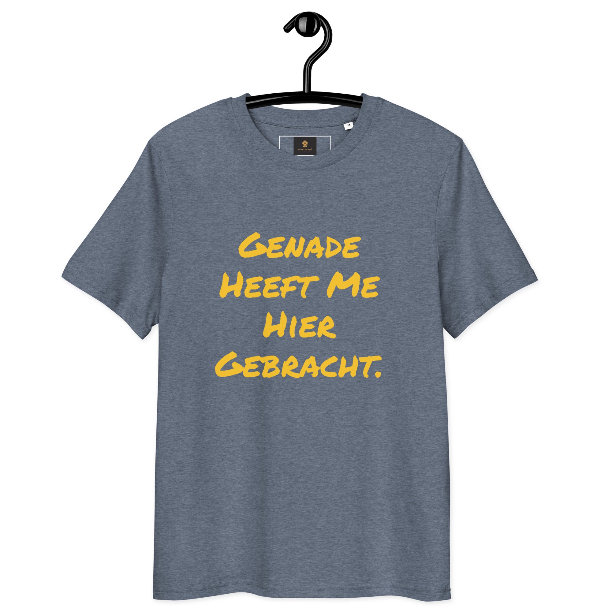 Genade T-Shirt in black featuring bold yellow text saying 'Genade Heeft Me Hier Gebracht.'