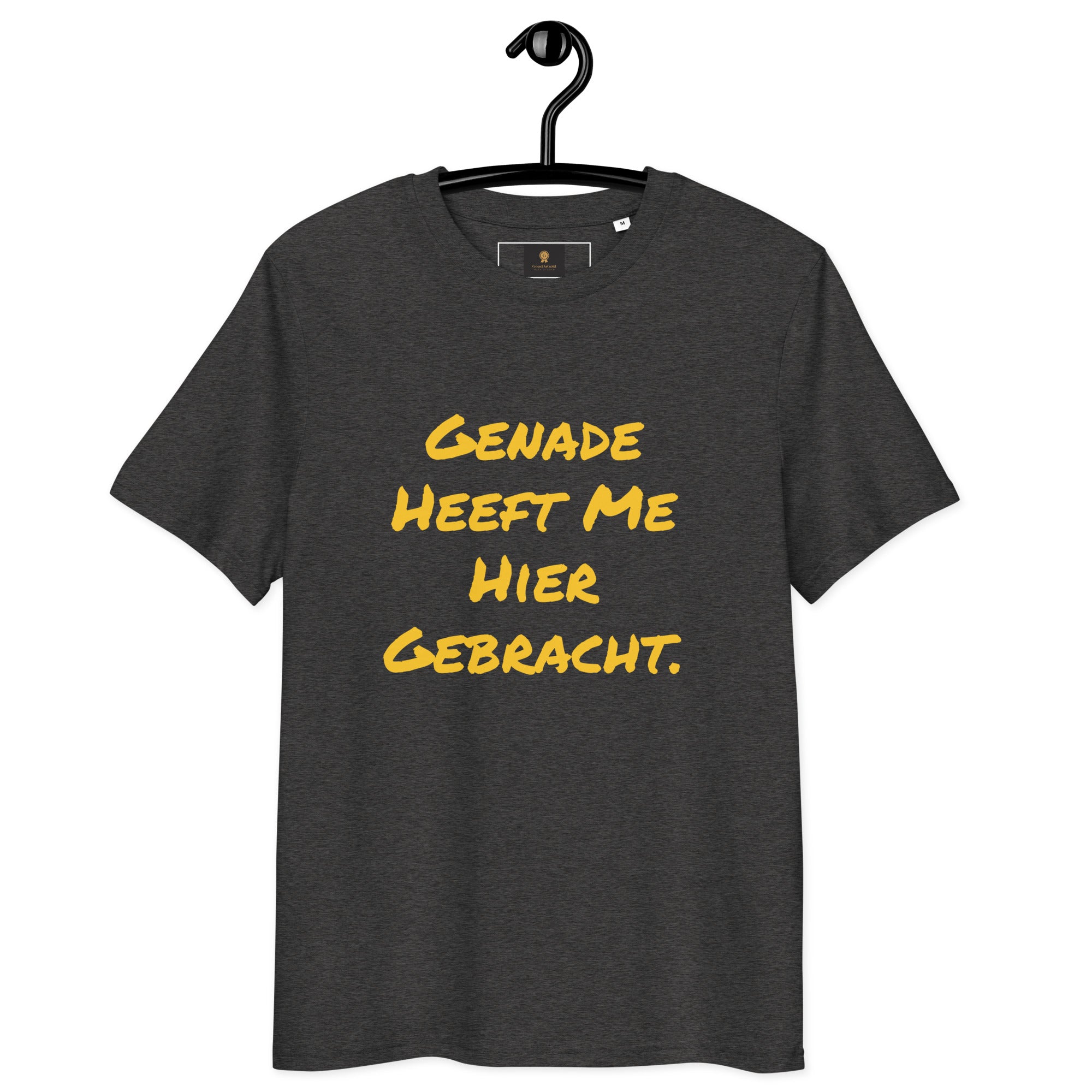 Genade T-Shirt in black featuring bold yellow text saying 'Genade Heeft Me Hier Gebracht.'