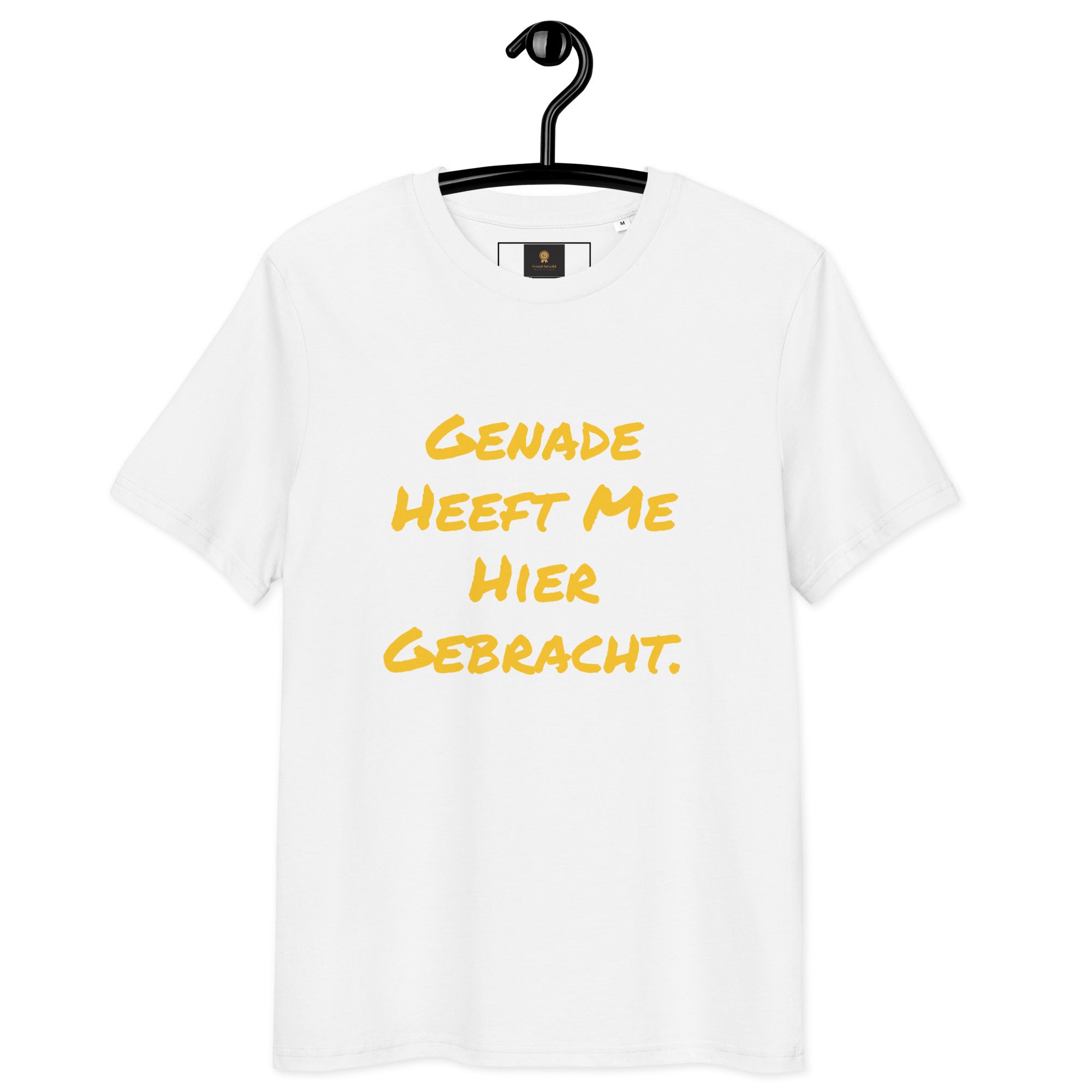 Genade T-Shirt in black featuring bold yellow text saying 'Genade Heeft Me Hier Gebracht.'