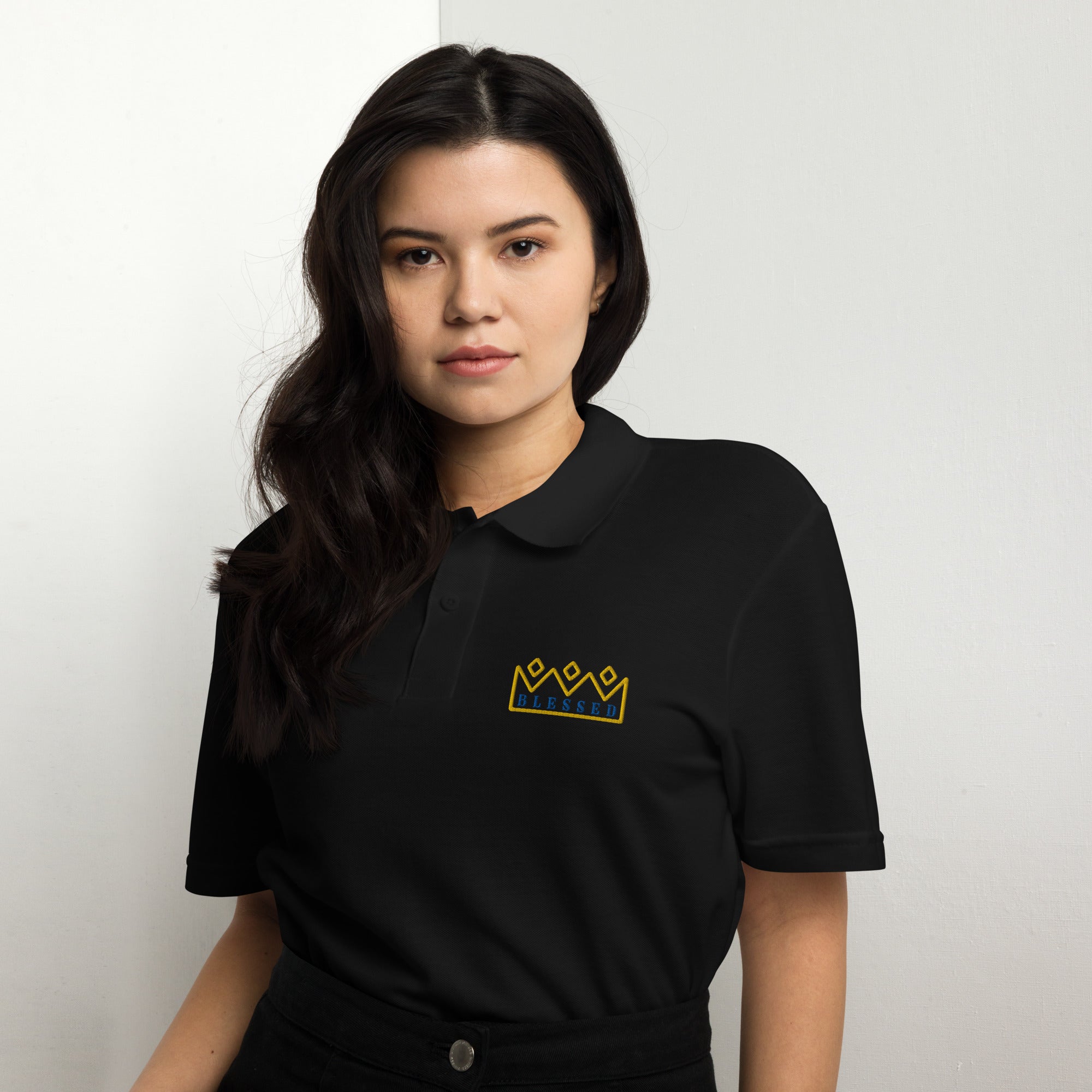 Blessed Polo Shirt worn by a woman, showcasing premium comfort and modern style in a gray design.