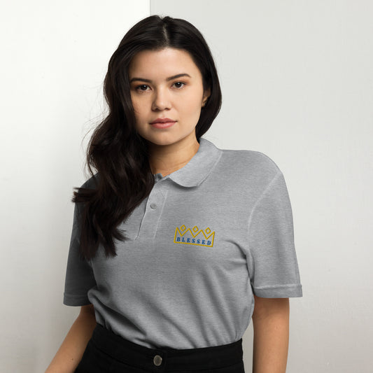 Blessed Polo Shirt worn by a woman, showcasing premium comfort and modern style in a gray design.