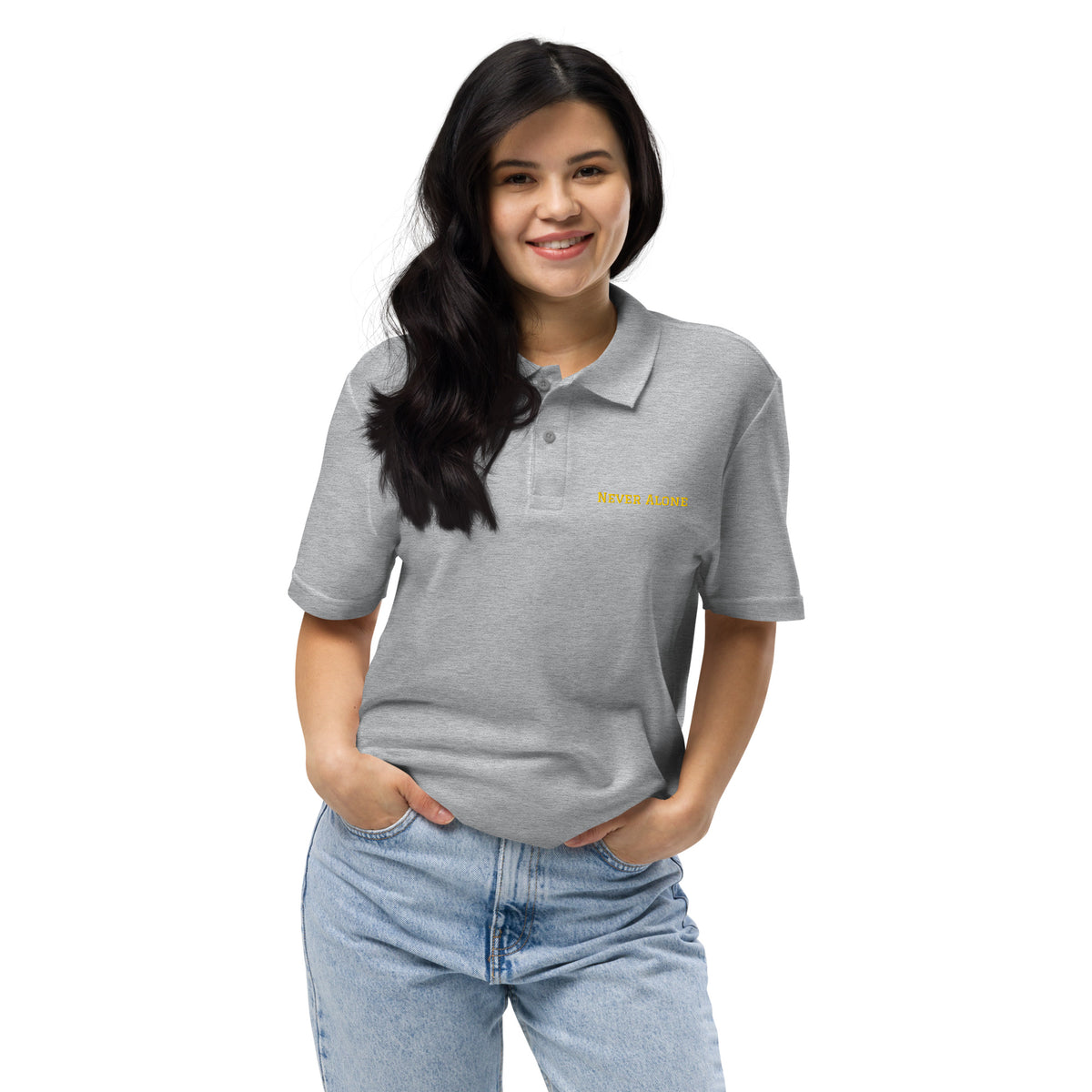 Never Alone Polo Shirt product mockup front view