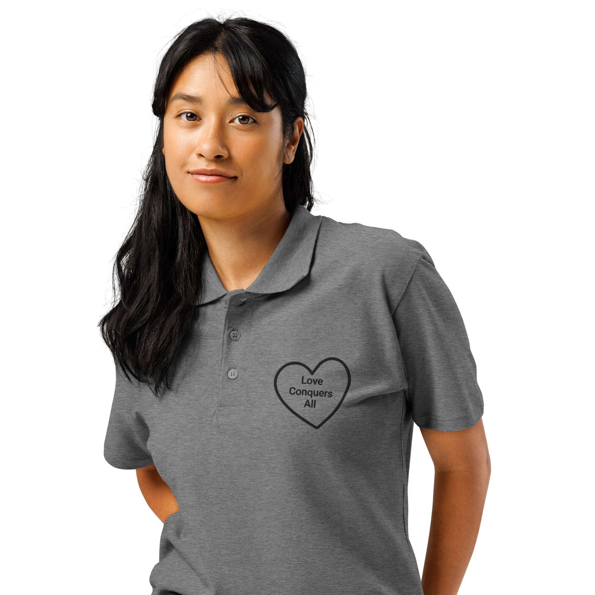 Love Conquers All polo shirt front view, casual style
