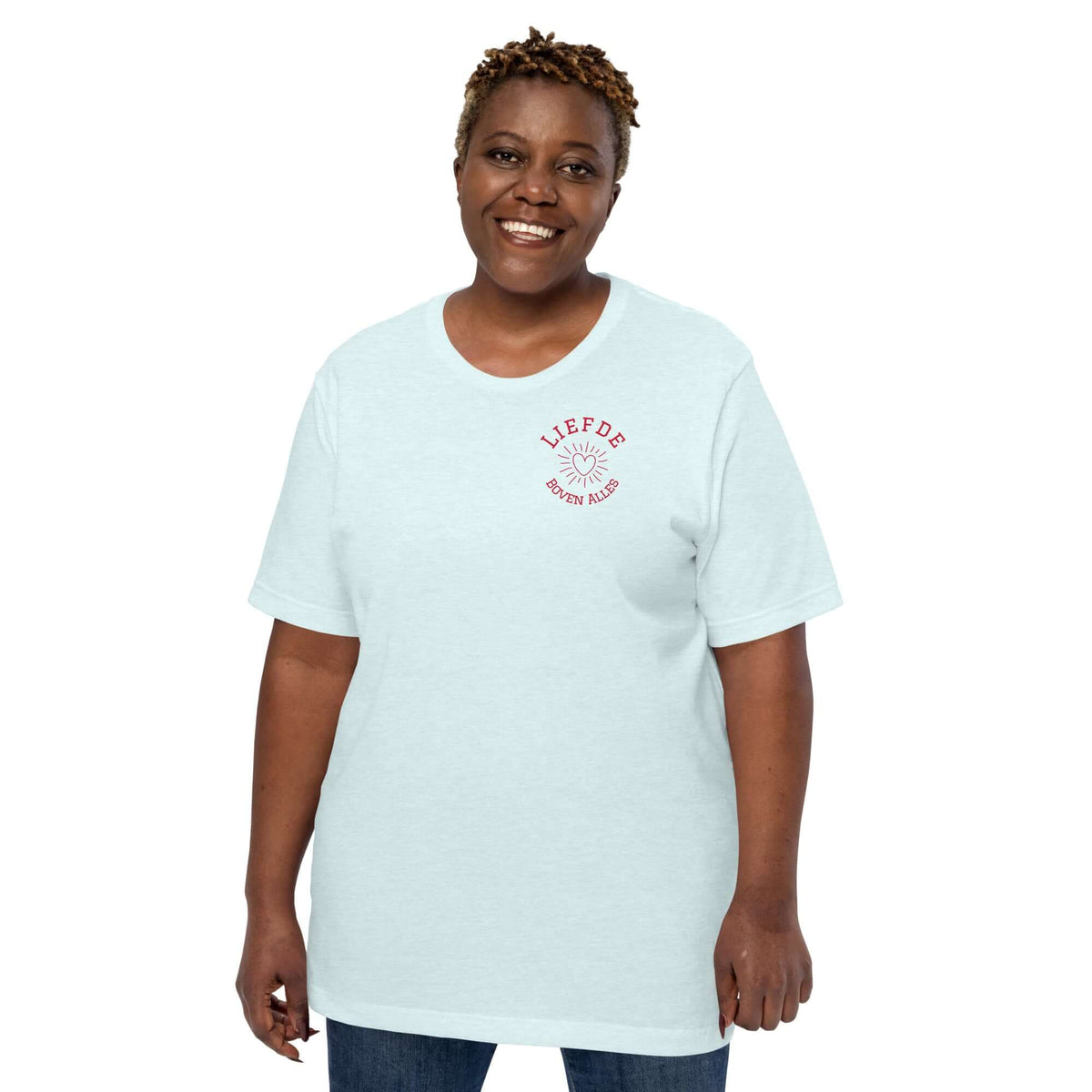 Woman wearing a blue Liefde Boven Alles T-shirt showcasing casual style and comfort.