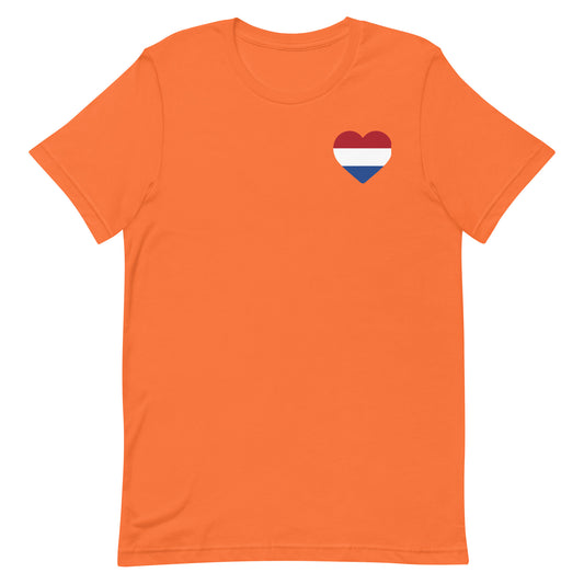 Koningsdag Oranje Icon T-Shirt featuring a heart with the Dutch flag on a vibrant orange background.
