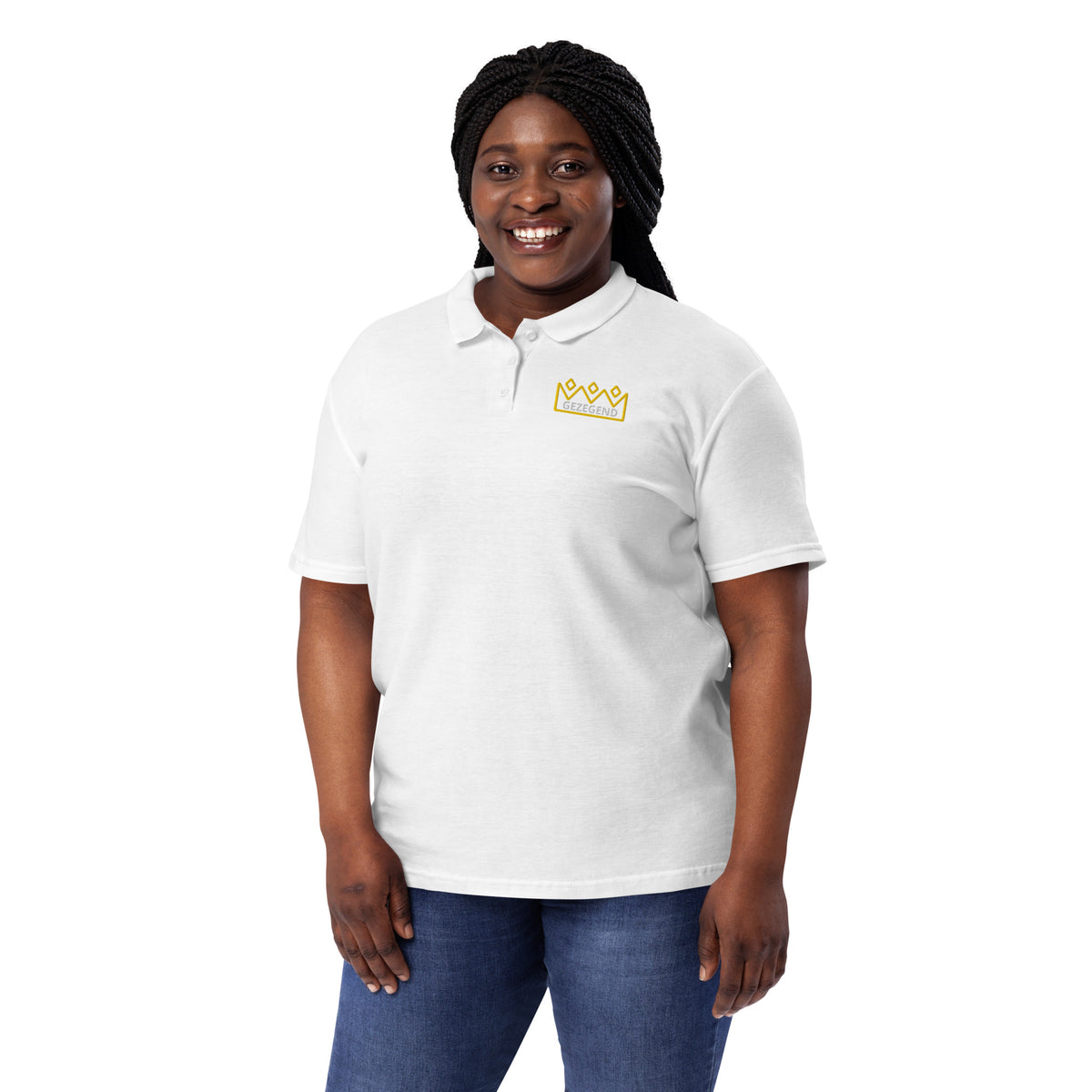 Gezegend Poloshirt premium mens polo shirt mockup detail view of collar and button design